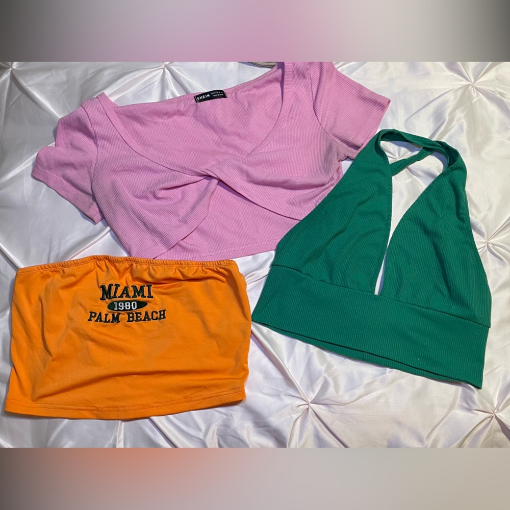 Pink Crop Top, Green Halter Top, and Orange Miami Skirt Set